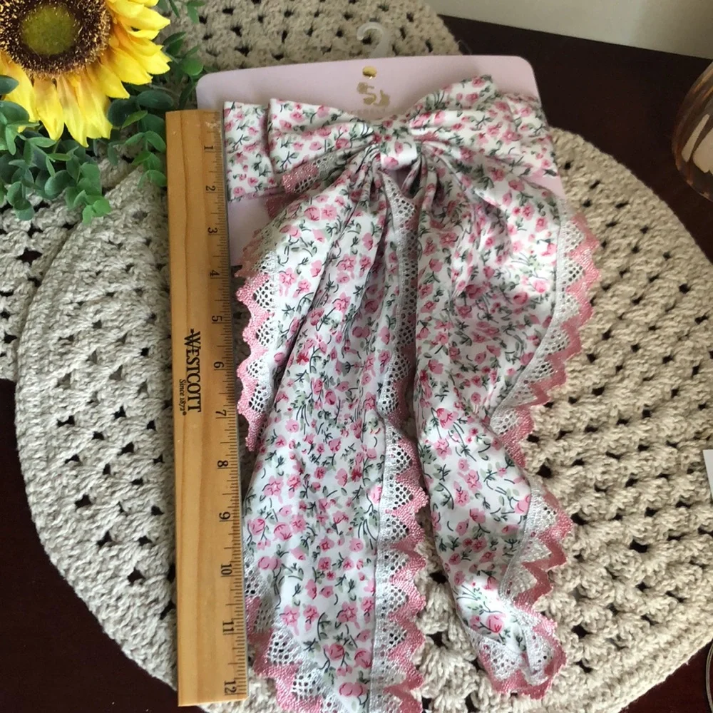 Sincerely Jules Large Floral Hair Bow with Pink Lace Trim